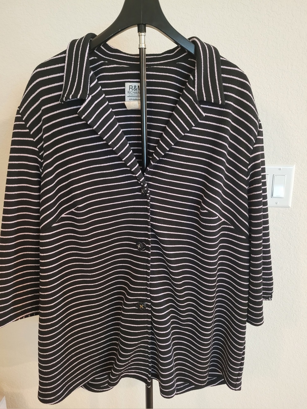 R&M Richards Black and White Striped Knit Blazer